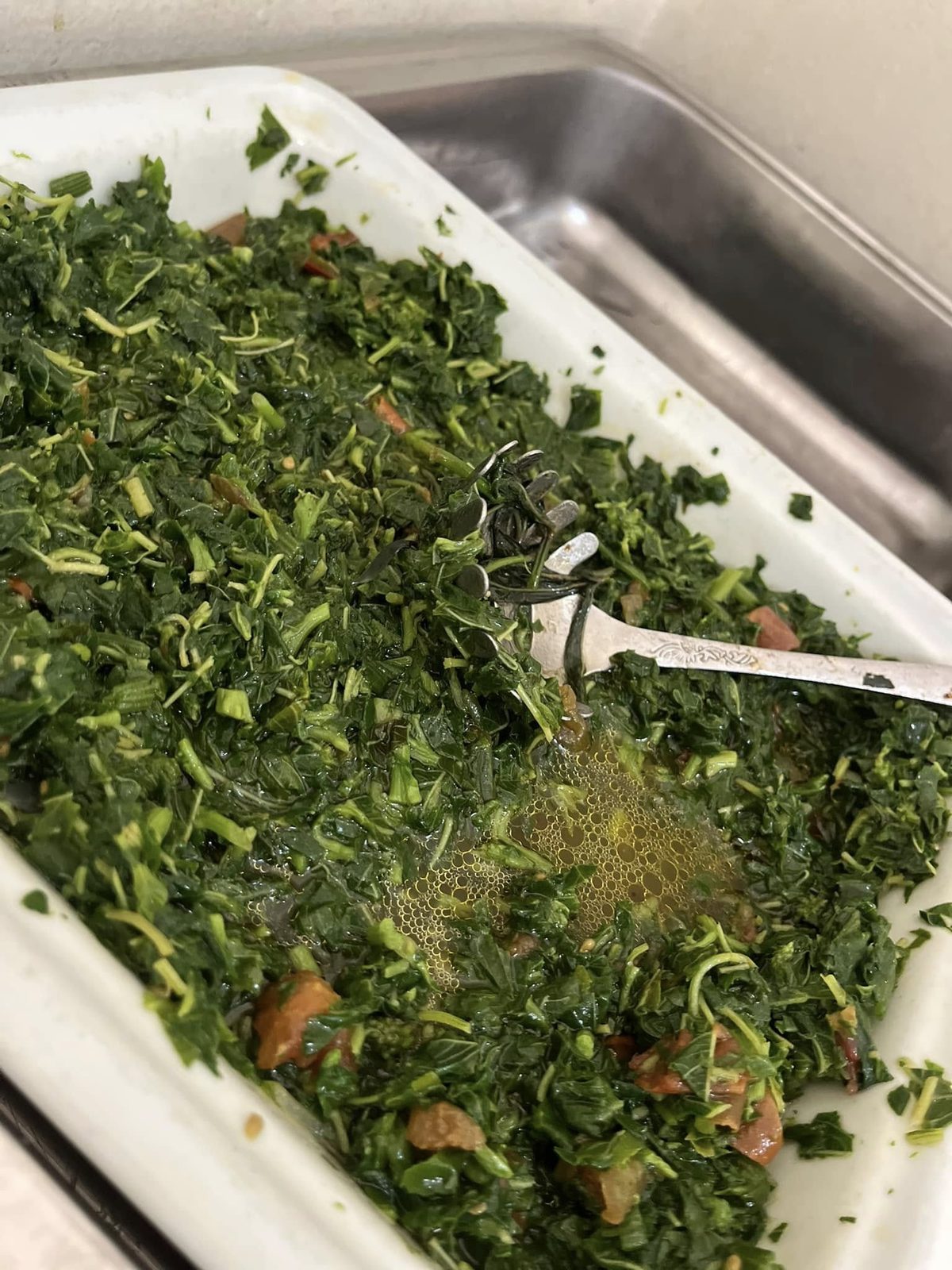 Leafy greens in a serving tray